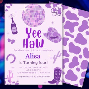 Editable Space Cowgirl Birthday Party Invitation purple Disco Cowgirl Party Nashville Rodeo Birthday Party Any Age Party Instant Download