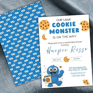Uitnodiging babyshower Koekjesmonster | Bewerkbare canvassjabloon | Direct downloaden | DIY-afdrukbare uitnodiging