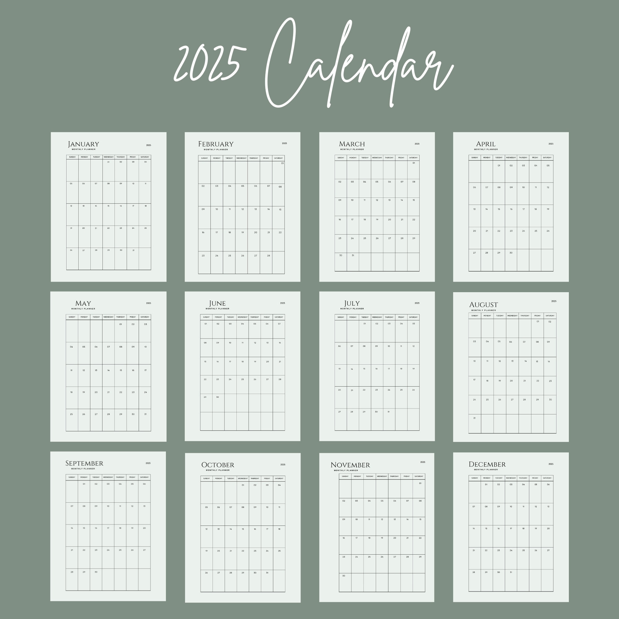 2025 Printable Monthly Planner Elegant A4 Size Calendar PDF Wall ...