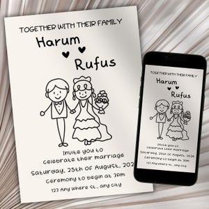 Modèle numérique d'invitation de mariage Evite | E-mails dessinés à la main mignons à téléchargement immédiat et invitation de mariage Whatsapp avec illustrations de fête