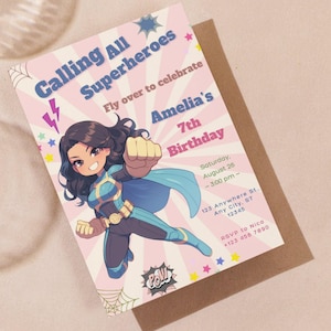 Superhero Girl Birthday Invitation with Free Thank You Tag Printable Party Invite Pastel Superhero Birthday Invitation Printable superhero