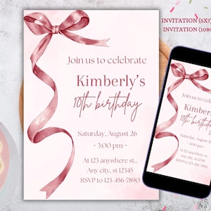 Pink Bow Birthday Invitation: Editable Canva Template (Digital Download)