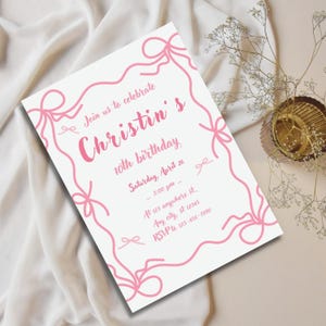Pink Bow Theme Birthday Invite Pink Bow Birthday Bow Invite Coquette Bow Birthday Girl Birthday Invite Coquette Birthday Invitation Cute