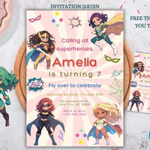 Superhero Girl Birthday Invitation with Free Thank You Tag Printable Party Invite Pastel Superhero Birthday Invitation Printable superhero