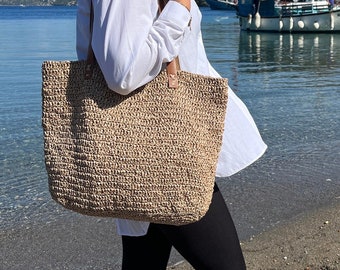 Crochet Raffia Tote Bag, Large Raffia Beach Bag, Straw Beach Tote Bag, Straw Bag, Knitted Beach Bag Raffia, Shoulder Tote bag