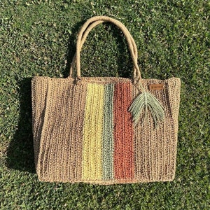 Handmade Raffia Beach Tote: Crochet Straw Bag with Colorful Stripes