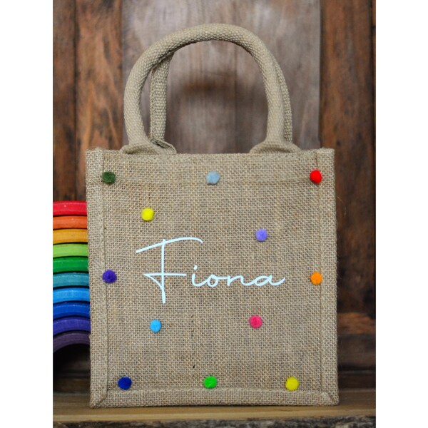 Personalisierte Jutetasche mit Pompons, bunt