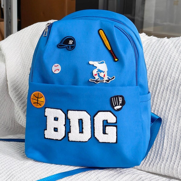 Personalized Custom Nylon Small Blue Backpack for Preschool Boys with Cute Sports patch kindergarten Daycare Best Gift