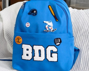 Petit sac à dos bleu personnalisé en nylon personnalisé pour garçons d'âge préscolaire avec joli patch sport pour garderie, meilleur cadeau