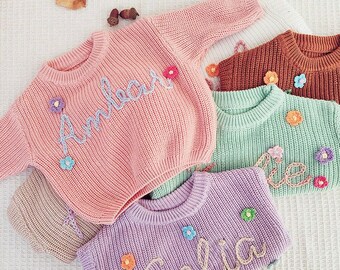 Pull personnalisé prénom bébé en tricot, pull prénom bébé nouveau-né personnalisé, pull bébé garçon marron avec nom, cadeau d'anniversaire bébé enfant en bas âge