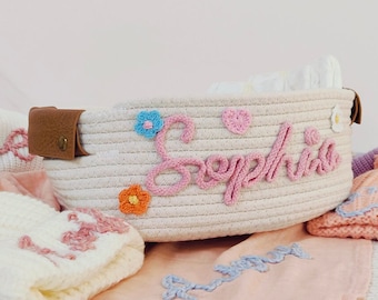 Panier-cadeau personnalisé pour baby shower avec nom, panier en corde de coton, panier de rangement pour nouveau-né, jouet de 12 pi, joli porte-couches
