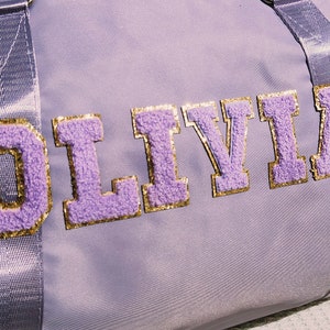 Nylon Duffle Bag, Personalized chenille Letter Bag, Travel Bag with name,Purple Weekender Bag, Pink dance bag, Overnight Bag zdjęcie 9