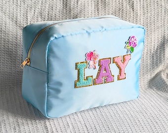 Large Cosmetic Bag Flower, Custom name Blue Nylon Pouch Bag Toiletry Bags with Rose Lily Sunflower Case Large Christmas Gift Thanksgiving