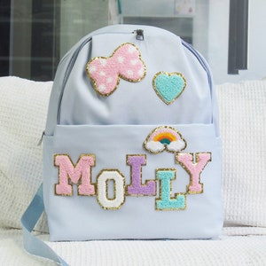 Petit sac à dos personnalisé en nylon pour fille d'âge préscolaire avec joli patch lettre chenille en chenille pour la maternelle, meilleur cadeau image 3