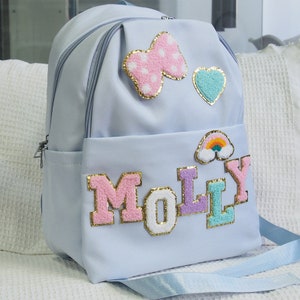 Personalized Custom Nylon Small Backpack for Preschool Girl with Cute chenille Letter patch kindergarten Best Gift image 5