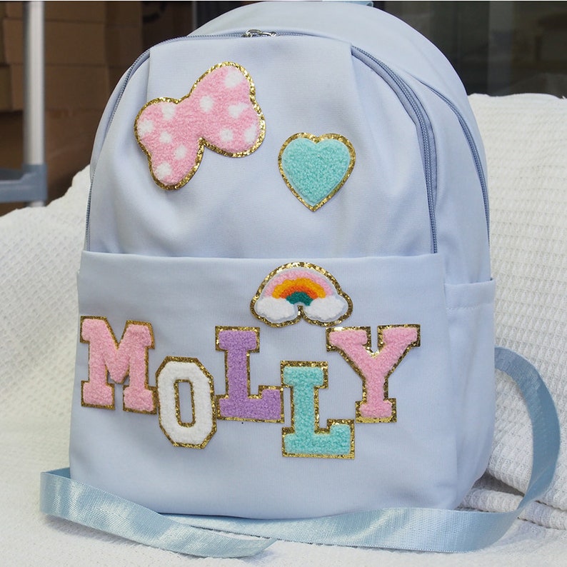 Petit sac à dos personnalisé en nylon pour fille d'âge préscolaire avec joli patch lettre chenille en chenille pour la maternelle, meilleur cadeau image 8
