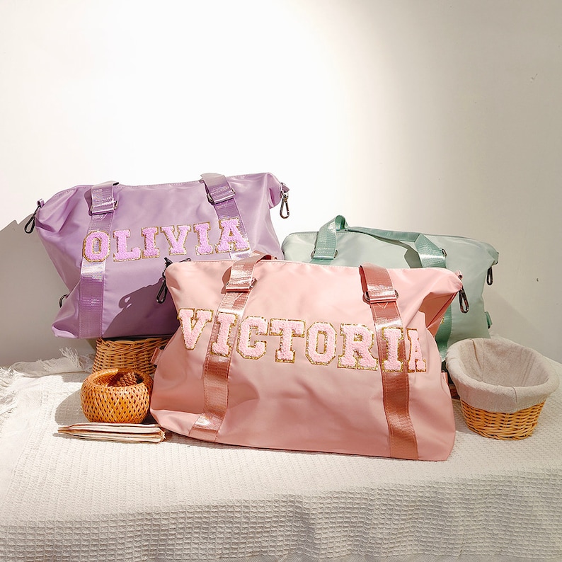Nylon Duffle Bag, Personalized chenille Letter Bag, Travel Bag with name,Purple Weekender Bag, Pink dance bag, Overnight Bag Sakura Pink