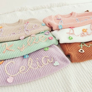 Personalisierte Hand stricken Name Baby Pullover, Custome Baby Name Blumen Pullover, Rosa Baby Mädchen Pullover mit Namen, Geburtstagsgeschenk für Neugeborene Baby Bild 8