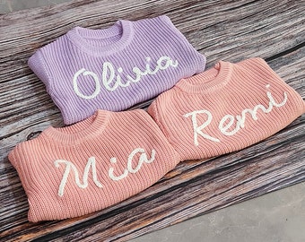 Personalized Hand knit Name Baby Sweater, Custome Baby Name floral Sweater, Pink Baby Girls Sweater With Name,Birthday Gift For Newborn Baby