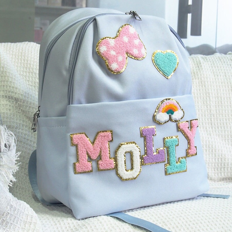Petit sac à dos personnalisé en nylon pour fille d'âge préscolaire avec joli patch lettre chenille en chenille pour la maternelle, meilleur cadeau image 1