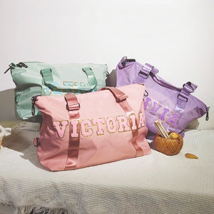 Nylon Duffle Bag, Personalized chenille Letter Bag, Travel Bag with name,Purple Weekender Bag, Pink dance bag, Overnight Bag zdjęcie 10