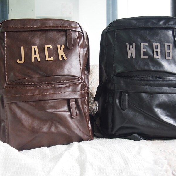 Personalized Leather Backpack men Name Leather Backpack  travel Satchel Black and brown