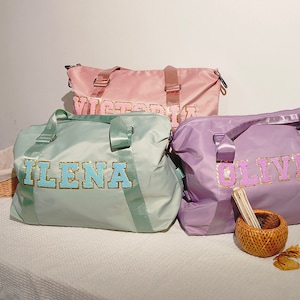 Nylon Duffle Bag, Personalized chenille Letter Bag, Travel Bag with name,Purple Weekender Bag, Pink dance bag, Overnight Bag zdjęcie 6