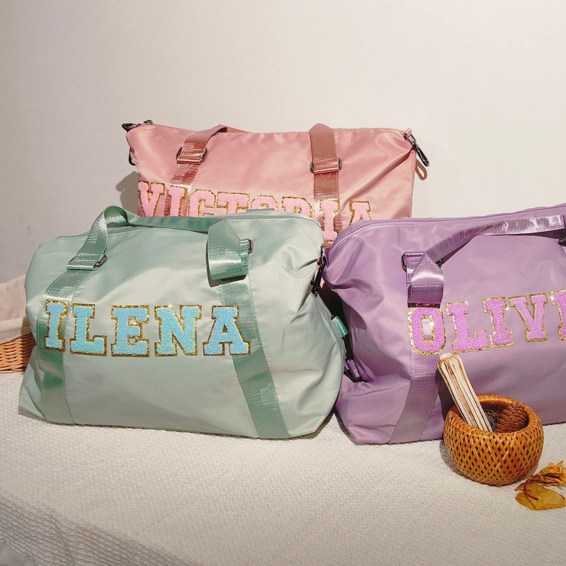 Nylon Duffle Bag, Personalized chenille Letter Bag, Travel Bag with name,Purple Weekender Bag, Pink dance bag, Overnight Bag zdjęcie 6
