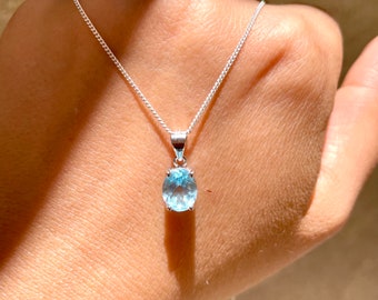 Genuine Blue Topaz 925 Sterling Silver Necklace - Blue Topaz Necklace - High Quality Faceted Dainty Blue Topaz Necklace - Gift for Her