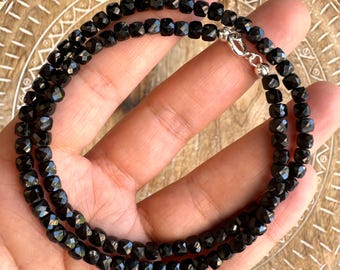 AAAA+ Black Tourmaline Necklace - Faceted Black Tourmaline Necklace with 925 Sterling Silver - Black Tourmaline Choker Necklace