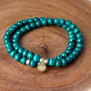 14k Gold Filled Malachite Bracelet - Super High Quality Malachite Bracelet with Gold Filled and Gold Vermeil Charm - 6mm Malachite Bracelet