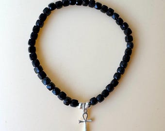 Black Tourmaline Bracelet - 4mm Faceted  Black Tourmaline - 925 Sterling Silver Ankh Charm - Protection Bracelet