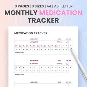 Monthly Medication Tracker Printable: Pill Reminder, Dosage Planner (PDF)