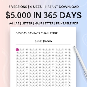 Spaaruitdaging 5000, 5000 dollar in 365 dagen, jaarlijks gelddoel, 5k Challenge, 5000 Challenge, 365 Envelop Challenge, afdrukbare pdf