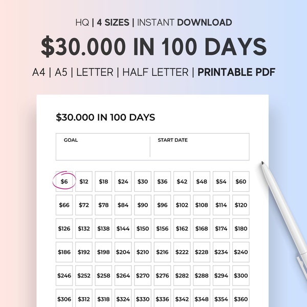 30000 Dollars in 100 Days, 30k Challenge, 100 day Savings Tracker, 30,000 Savings Challenge , PDF,A4|A5|Letter|Half Letter| Instant Download