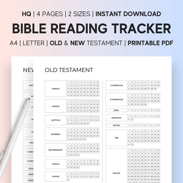 Bible Reading Tracker, Printable Bible Study Chronological Order Checklist, PDF Plan, Old and New Testament Christian Planner, A4 , 8.5 x 11