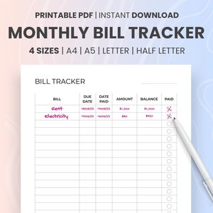 Maandelijkse rekeningtracker, afdrukbaar huishoudbudget, vervaldatum betalingsherinnering, controlelijst rekeningen, pdf, a4 | a5 | 8,5 x 11 | Halve letter