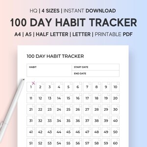 100 Day Habit Tracker: Printable Challenge Log (A4, A5, Letter)
