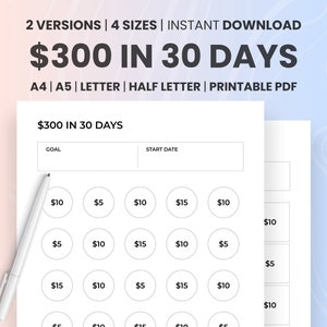 300 Savings Challenge, Save 300 Dollars a Month, 30 Day Money Goal, Monthly Cash Stuffing, 30 Envelope Challenge, Printable