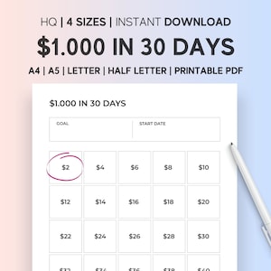 1000 Dollar Savings Challenge: 30-Day Money Goal Tracker (PDF)