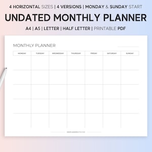 Horizontal Monthly Planner, Printable Undated 30 Day Tracker, One Month At A Glance, Sunday Monday Start, PDF,A4|A5|8.5 x 11| Half Letter