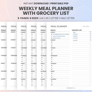 Plan de repas imprimable avec liste de courses, modèle de planificateur de menus hebdomadaires, plan de préparation de repas sur 7 jours pour perdre du poids, PDF, a4, a5, lettre, demi-lettre