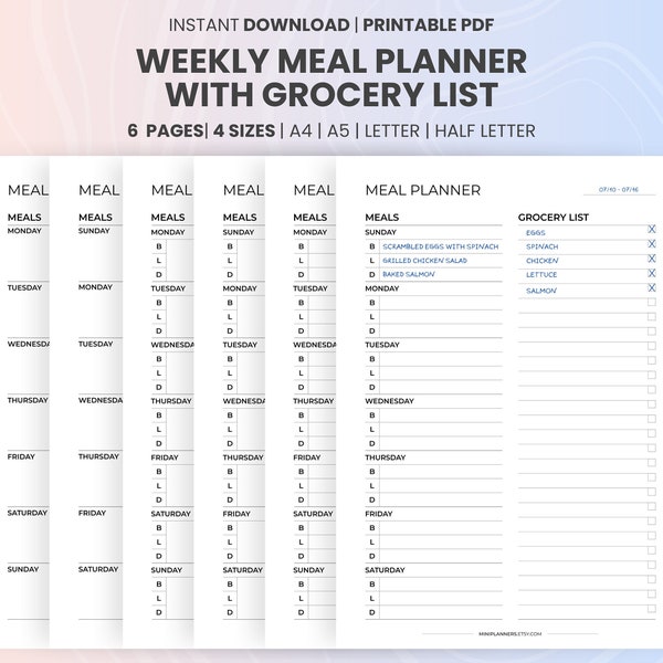 Printable Meal Plan With Grocery List, Weekly Menu Planner Template, 7 day Meal Prep Plan For Weight Loss, PDF, a4, a5, Letter, Half Letter