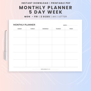 Minimalist Monthly Planner: Undated 5-Day Week (PDF, A4/Letter)