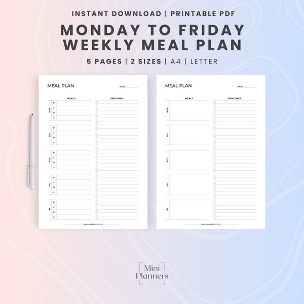 Monday To Friday Meal Plan With Grocery List, Daily and Weekly Printable Diet Planner PDF Template, Dietary Menu With Shopping Checklist
