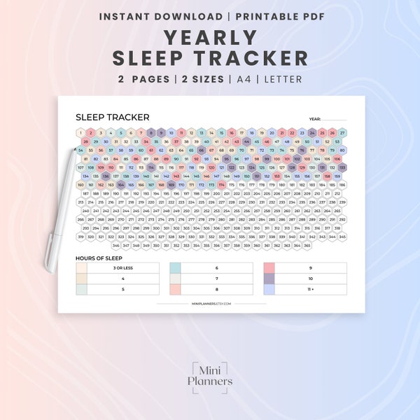 Printable Yearly Sleep Tracker, a4 Hours of sleep log, Sleeping Tracking for Insomniac, Horizontal Insomnia Planner, Sleepless night aid.