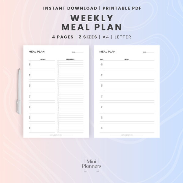 Simple Meal Plan With Grocery List, A4 Daily and Weekly Printable Weight Loss Log PDF Template, Healthy Diet Menu With Shopping Checklist.