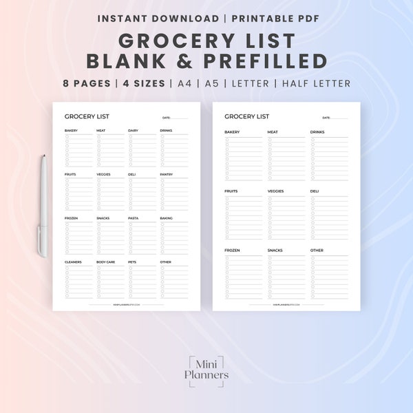 Grocery List Printable Template, Basic Fridge / Pantry Shopping List, Meal Prep Shop List, PDF, a4, a5, 8.5 x 11, Letter, Half Letter