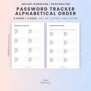 Afdrukbare sjabloon wachtwoordtracker, alfabetische volgorde wachtwoordherinnering, pasjesorganisator, pdf, a4, a5, 8,5 x 11, letter, halve letter