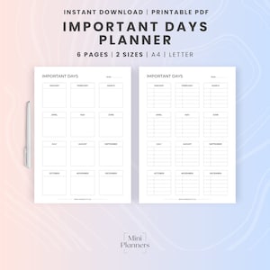 Seguimiento de cumpleaños, Lista de cumpleaños imprimible, Calendario de cumpleaños digital, Días importantes, Recordatorio de aniversario de cumpleaños, PDF A4, A5, Carta, HL.